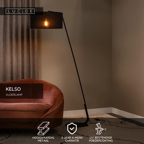 Lucide KELSO - Vloerlamp - 1xE27 - Zwart - USP